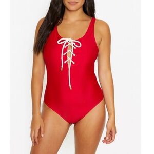 Jones New York swimsuit one piece red nautical rope tie front SZ SM baywatch